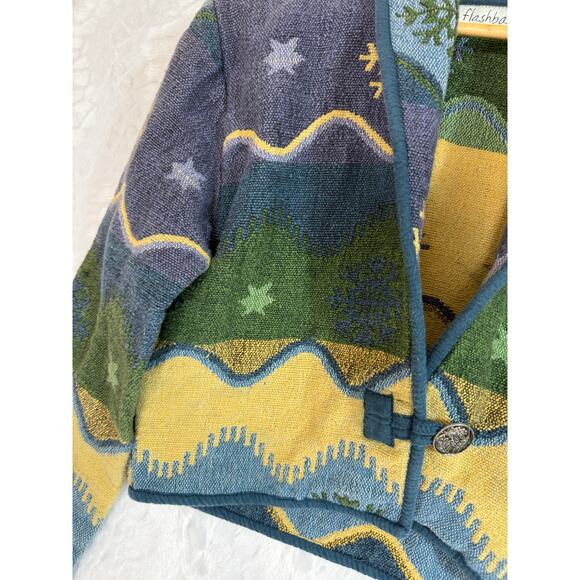 VTG Flashback Art to Wear Tapestry Jacket Purple Blue Snowflake Winter Stars Med - Picture 7 of 13